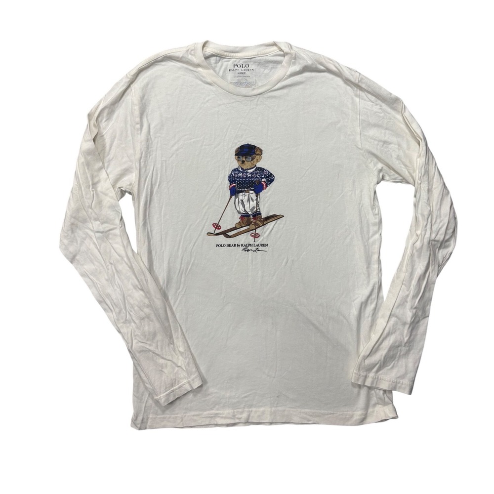 Polo Ralph Lauren Long Sleeve Shirt Small Polo Bear Skiing White Graphic Tee